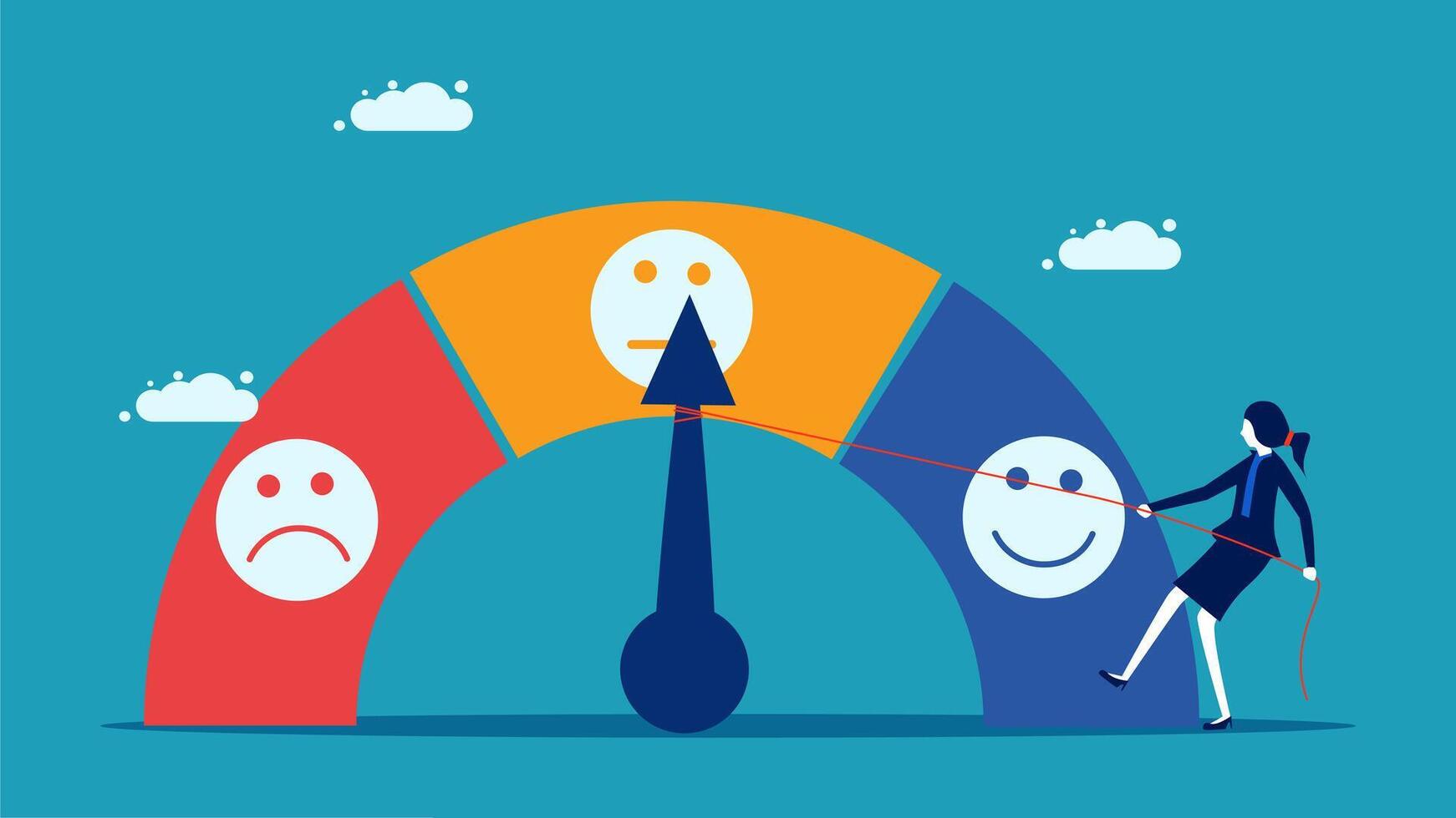 a woman is pushing a large arrow to a person with smiley faces vector