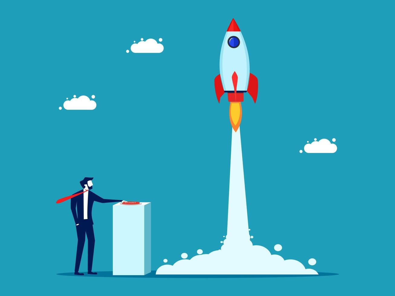 businessman standing next to rocket launching into space vector