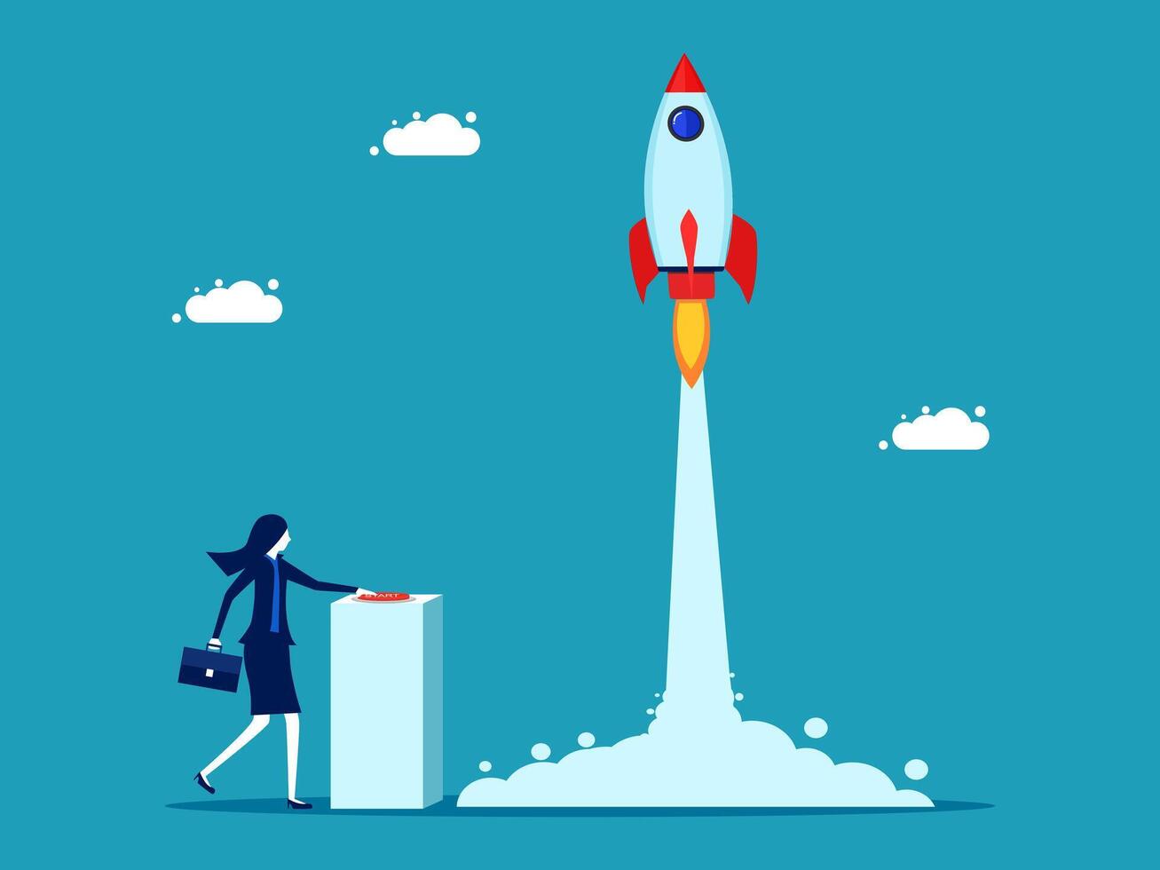 businesswoman standing next to a rocket launching into space vector