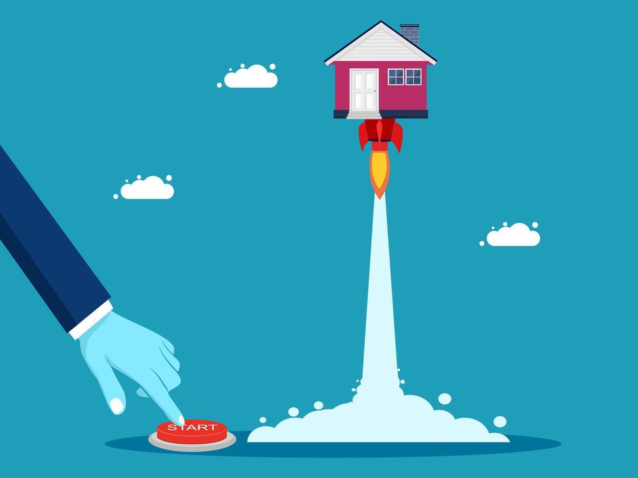 a hand is pushing a button to launch a rocket to a house vector