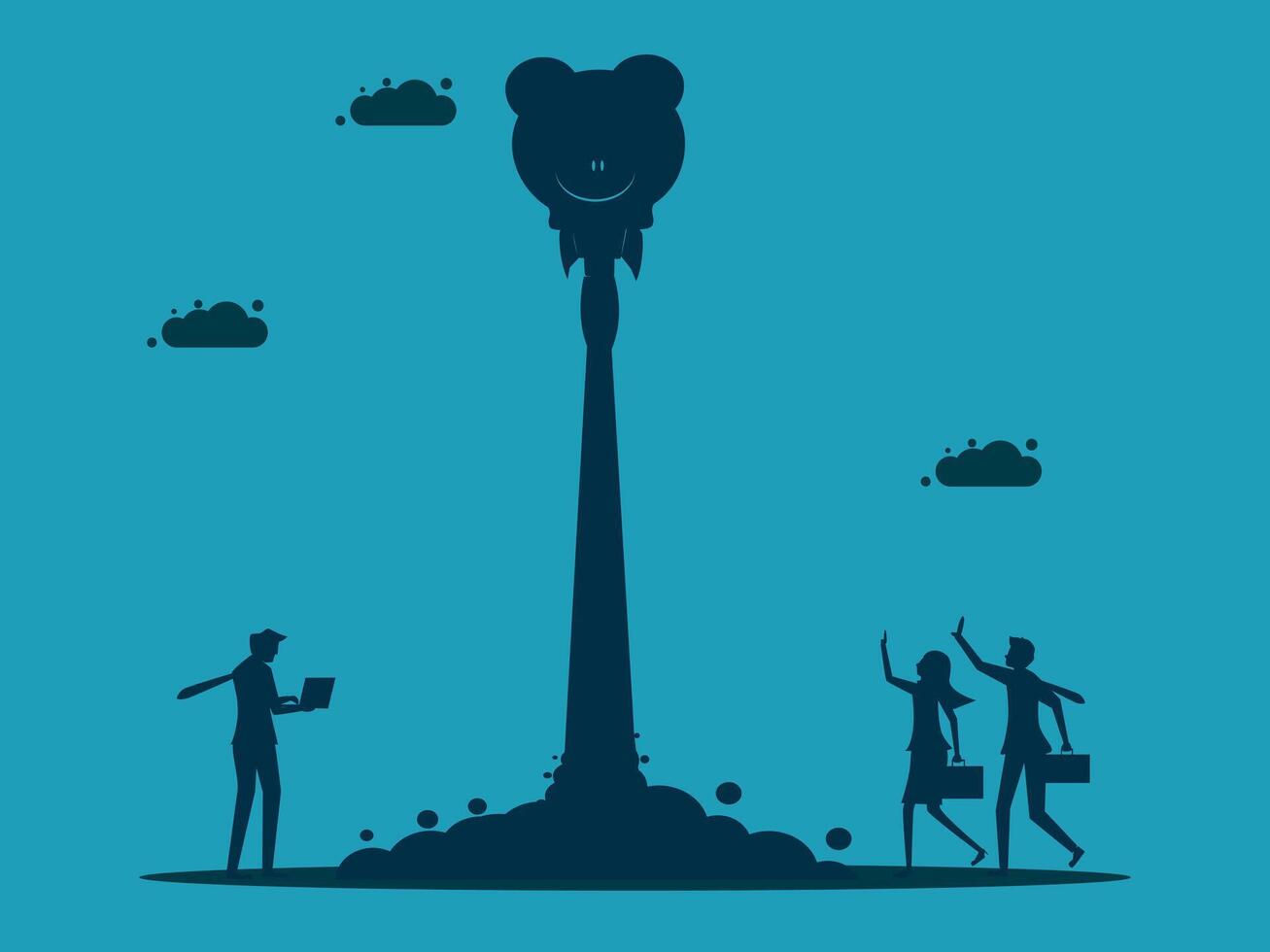 business people standing in front of a rocket with a bear on it vector