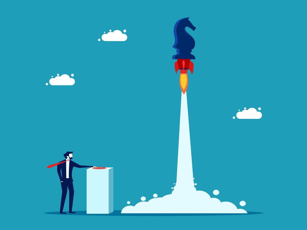 businessman standing next to a rocket with a chess piece on top vector