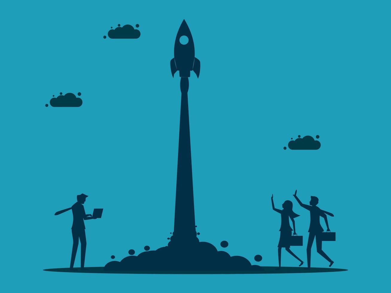 business people standing in front of a rocket vector