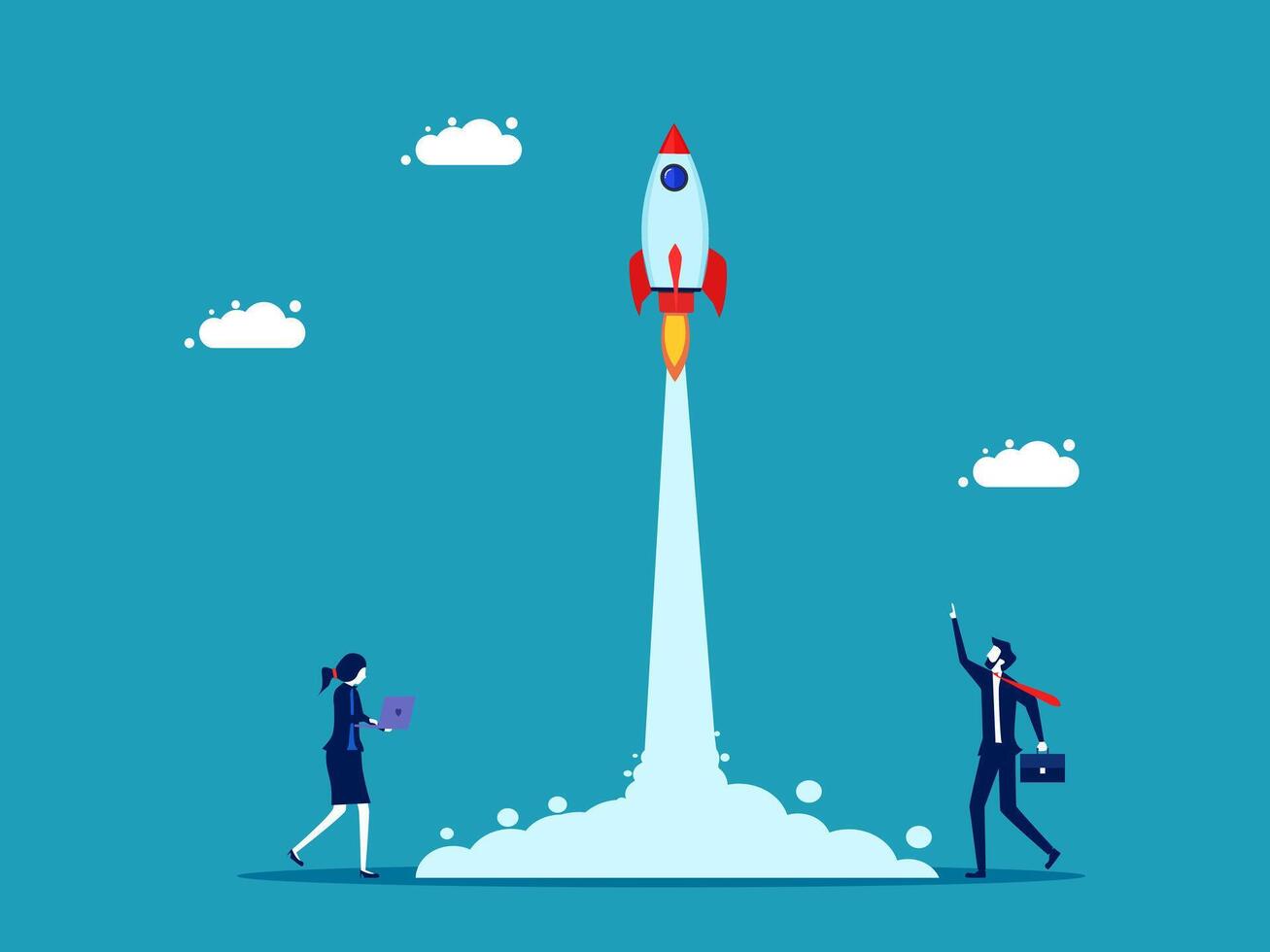 business people standing in front of a rocket launching into the sky vector