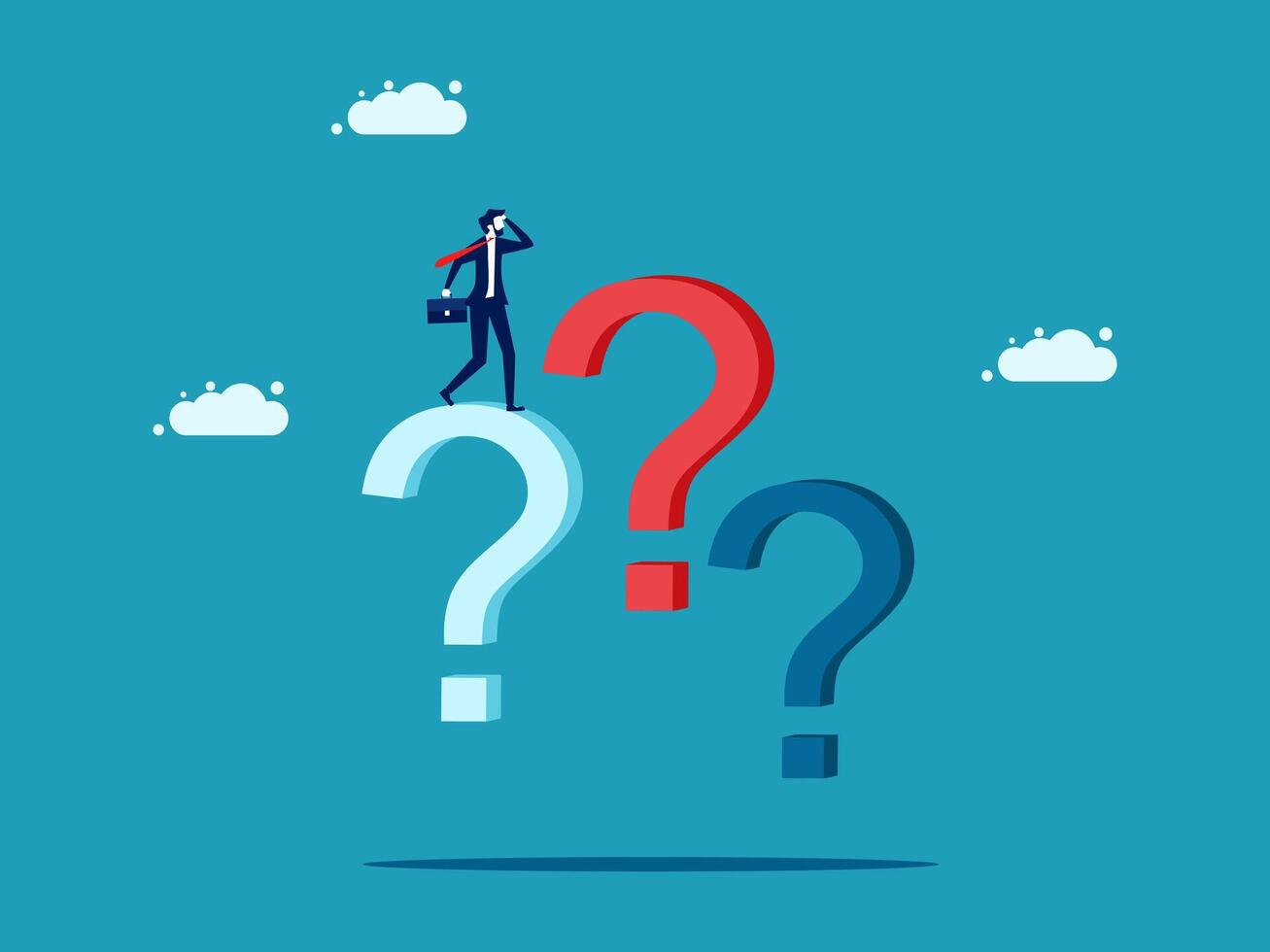businessman standing on a question mark with a briefcase and a question mark vector