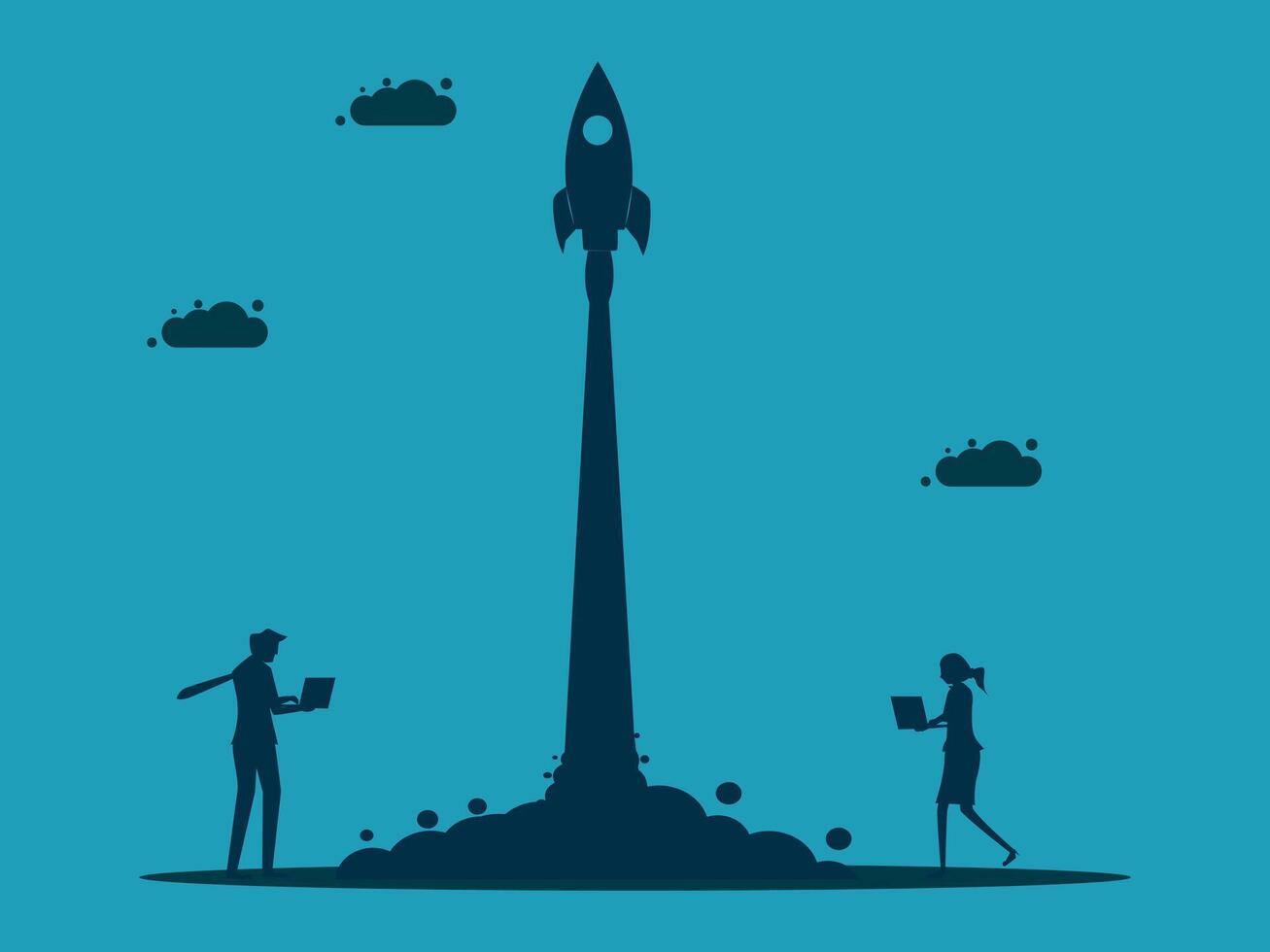 business people standing in front of a rocket vector