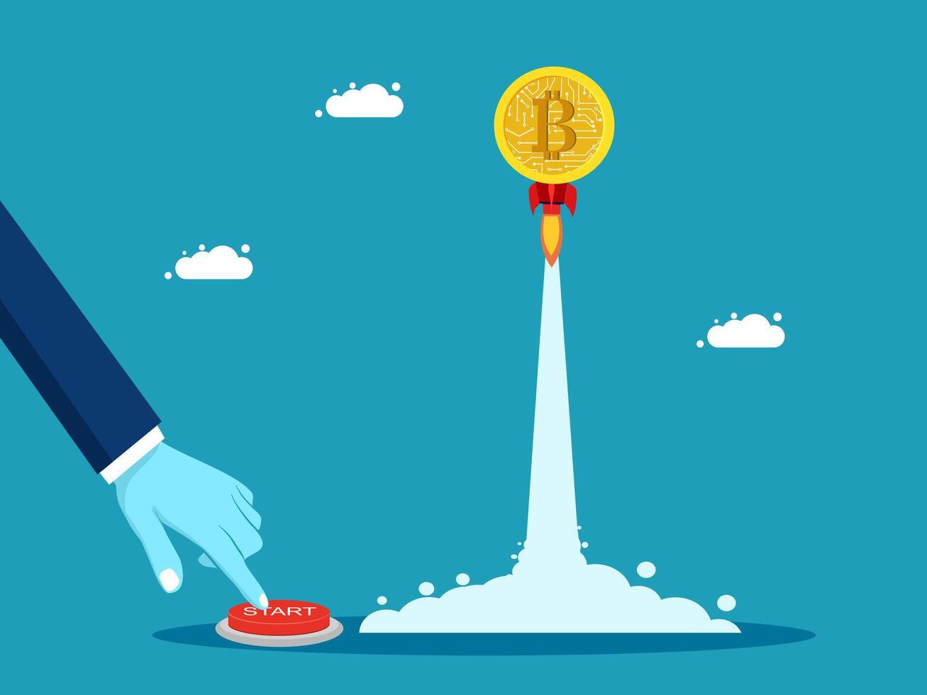 bitcoin rocket launching from a hand and a hand pushing a button vector