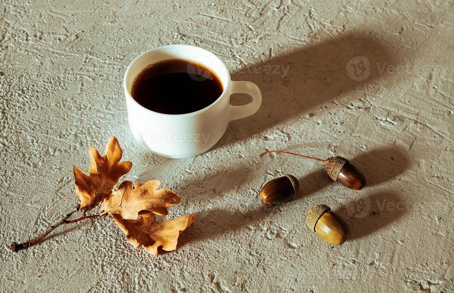 Cup of acorn coffee, acorns and autumn oak leaves on a gray background photo