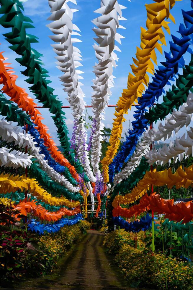 Geometric photo of Colorful Hallway full of Pinwheels. Background of natural scenery in amusement park. Graphic Resources. Background Photography. Travel Destinations