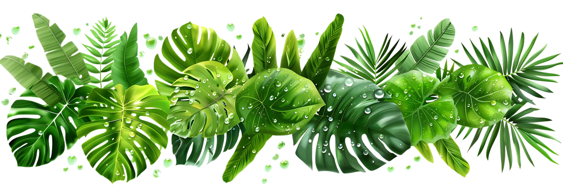 Green Tropical Leaves Illustration with Water Drops png