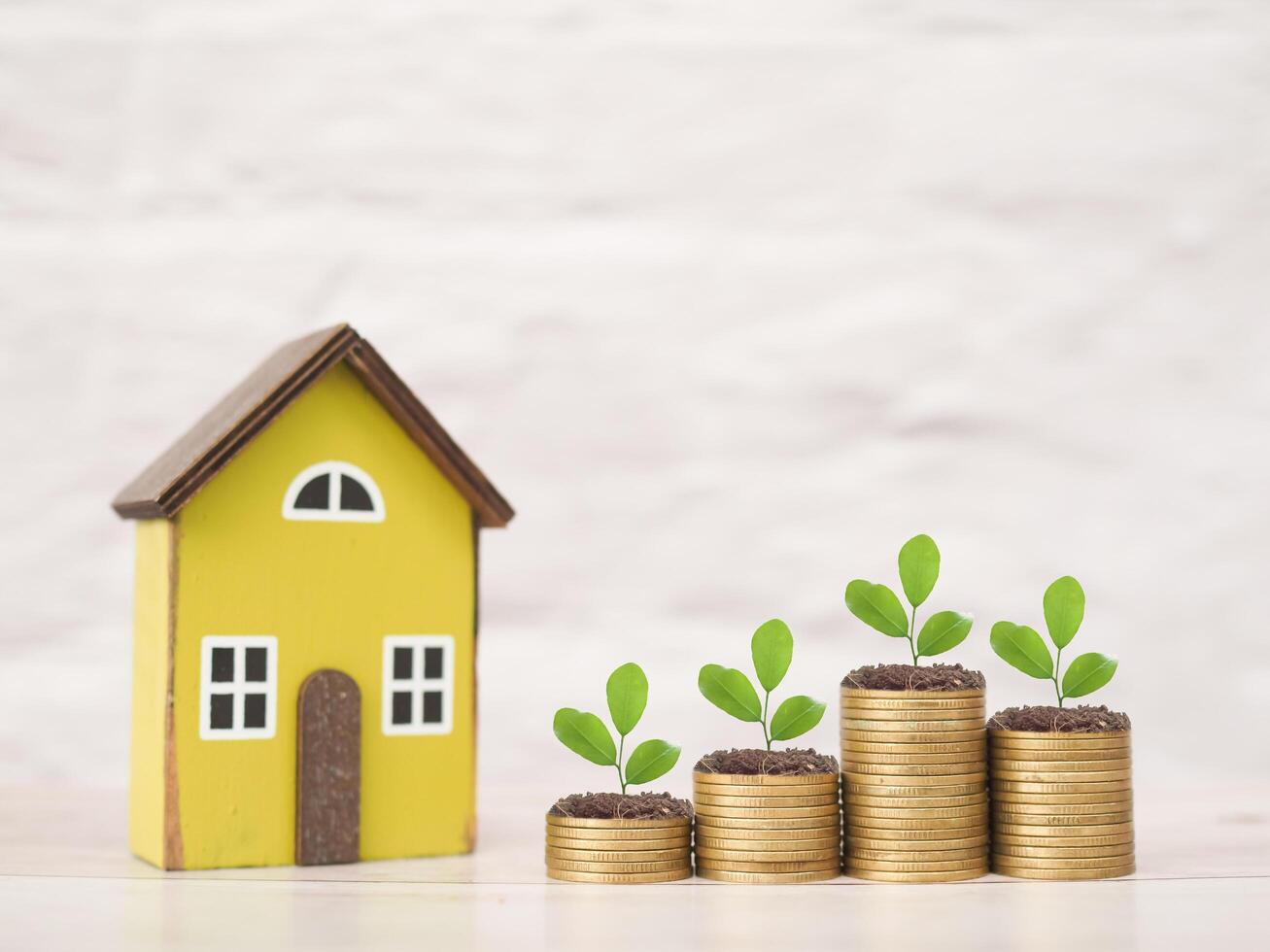 Miniature house and plants growing up on stack of coins. The concept of saving money for house, Property investment, House mortgage, Real estate. photo