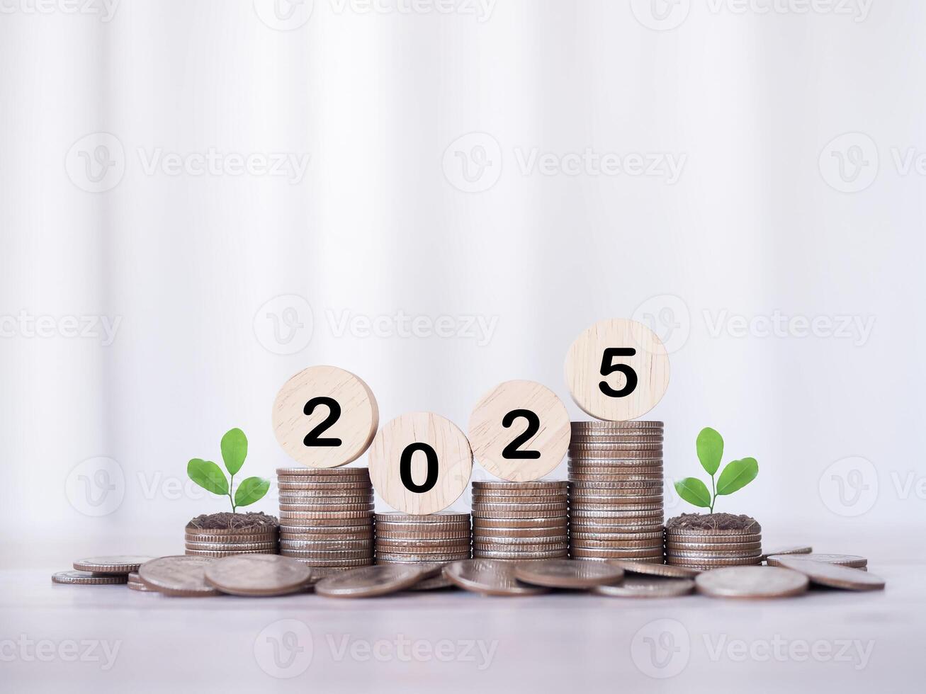 Wooden block with number 2025 and plants growing up on stack of coins. The concept of saving money for business achievement goal, Financial, Investment and Business growing in new year 2025. photo