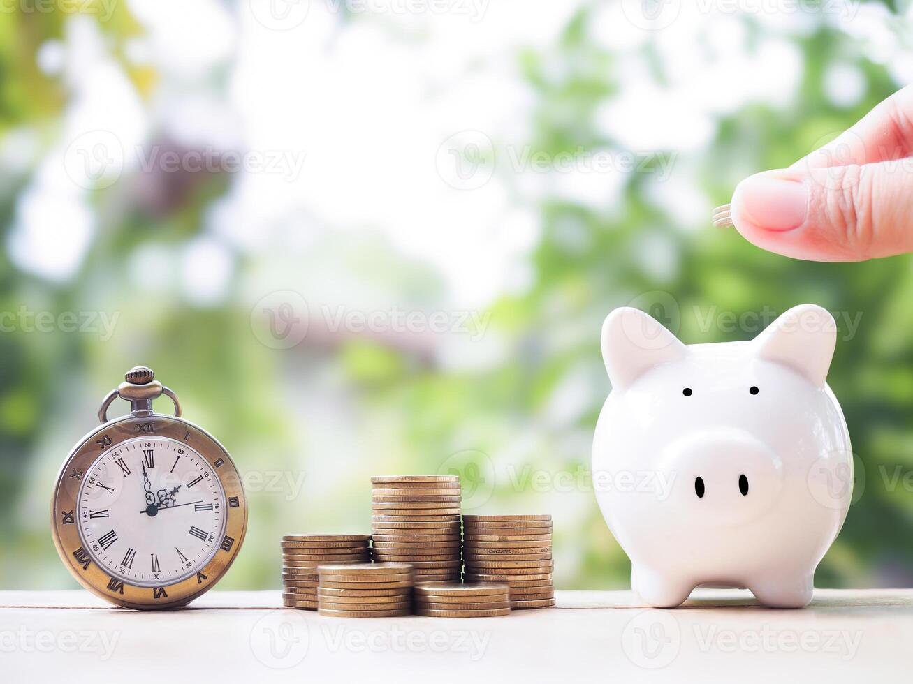 Close up of hand putting coins into piggy bank, vintage watch and stack of coins. The concept of saving money, Financial, Investment and Business growing. photo