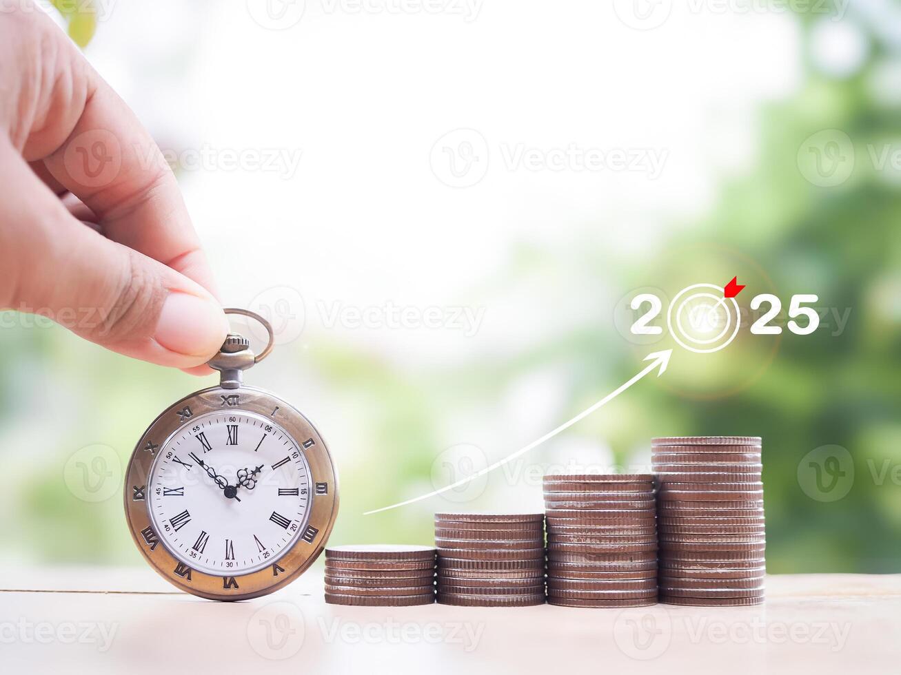 Vintage watch and stack of coins with arrow rising up. The concept of saving money for manage time to success business in year 2025. photo