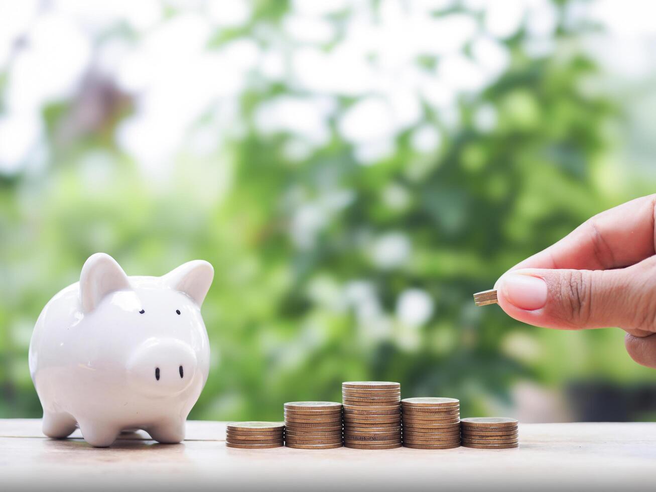 Close up of hand putting coins in stack of coins with piggy bank, The concept of saving money, Financial, Investment and Business growing. photo