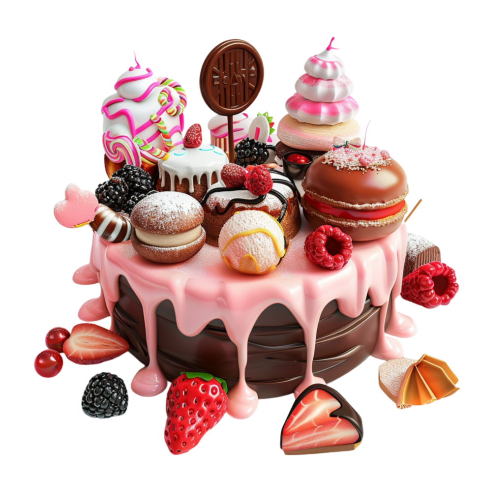 Cake with Various Sweets on Transparent Background. png