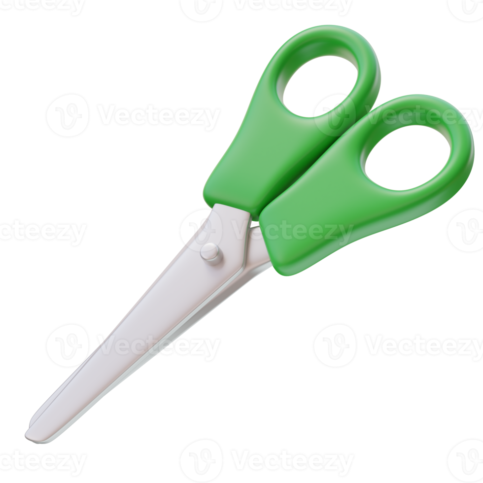 3D icon of Green Scissors. Craft icon, Cutting tool, Art concept. Tool for cutting paper, fabric materials in crafting and art projects. 3D render illustration. png