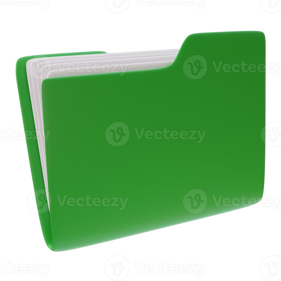 3D icon of a green folder with papers. Organizational icon, document filled item, office concept. Equipment tool item. 3D render illustration. png