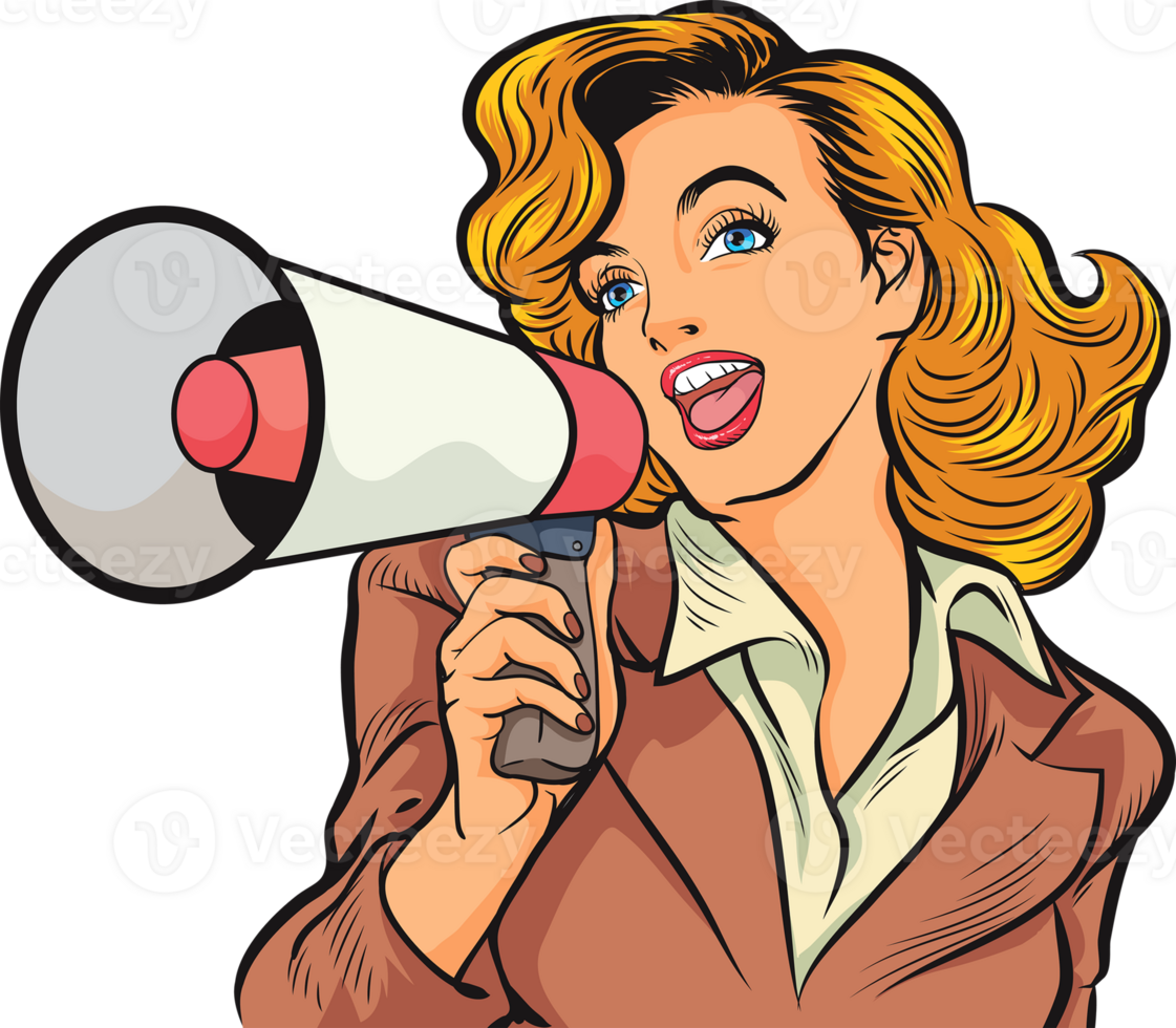 beutiful woman with megaphone pop art retro Woman with loudspeaker. png