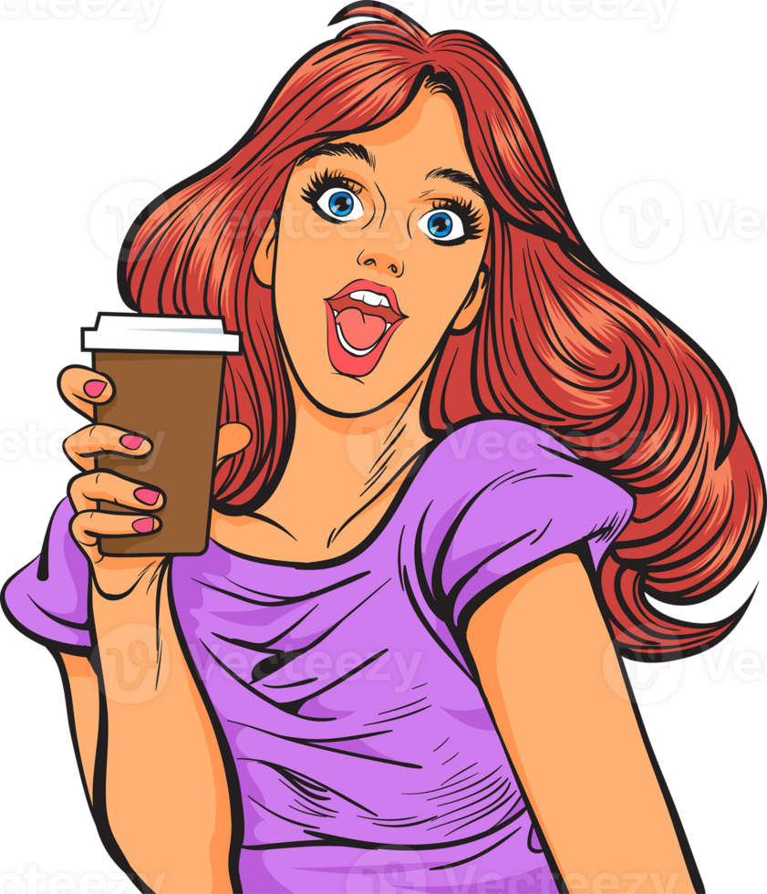 surprised Beautiful woman show drink with space for your text Retro lady with glass of coffee or beverage png