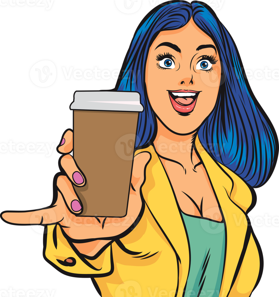 surprised Beautiful woman show drink with space for your text Retro lady with glass of coffee or beverage png