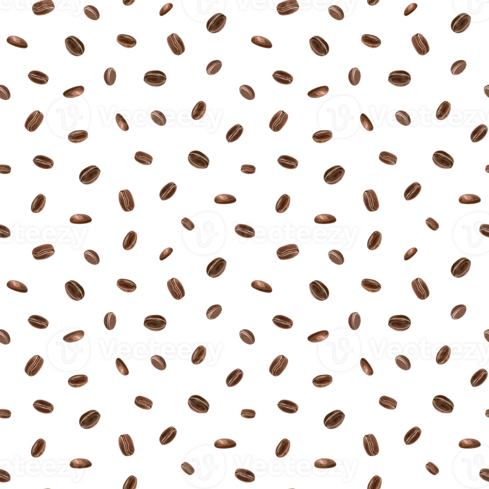 Roasted coffee beans. Seamless pattern with flying dark brown grains. Ingredient for morning invigorating aromatic drink. Watercolor illustration. For cafe advertising, package, textile png