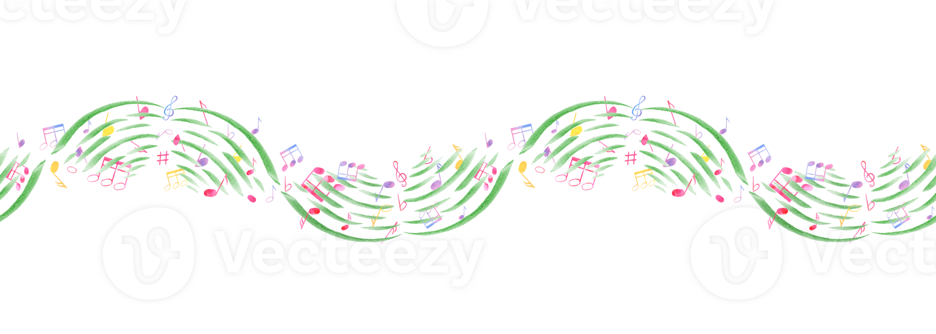 Undulating levitation music notes. Multicolored Notes flying through the waves of music. Seamless banner of note symbols. Watercolor illustration in classic style. Ornate for textile, package png