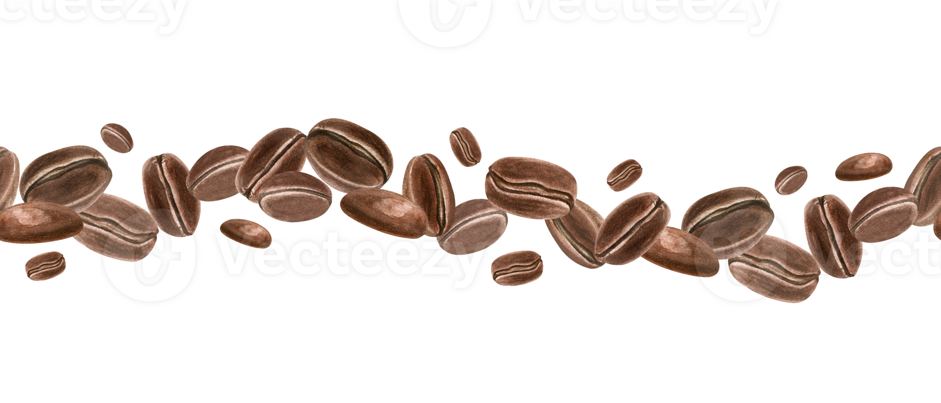 Flying horizontally dark roasted coffee beans. Seamless border. Ingredient for morning invigorating aromatic drink. Watercolor illustration. For cafe advertising, package, menu design. png
