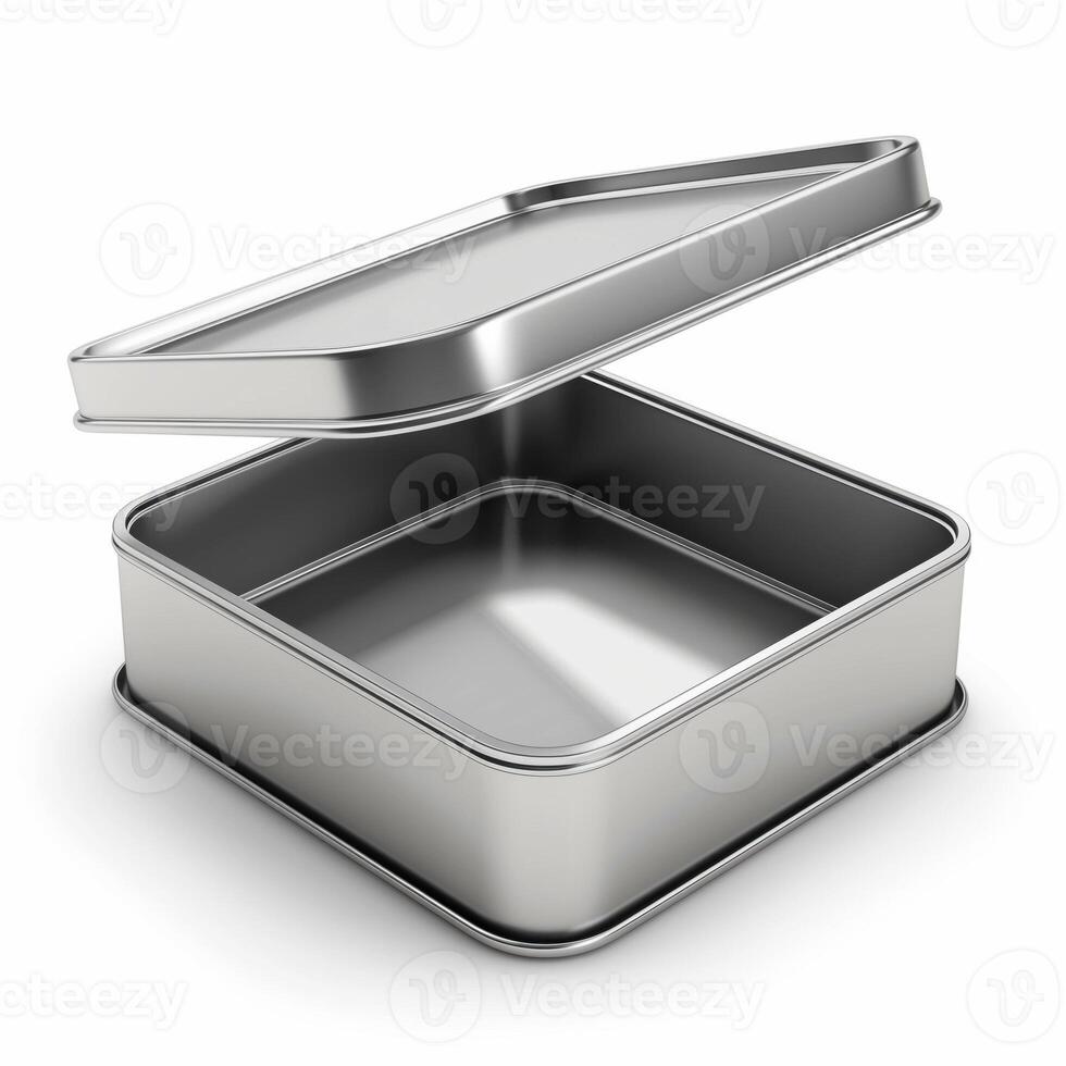 Rectangular tin box with an open lid. Metal box for various purposes. Isolate on a white back photo