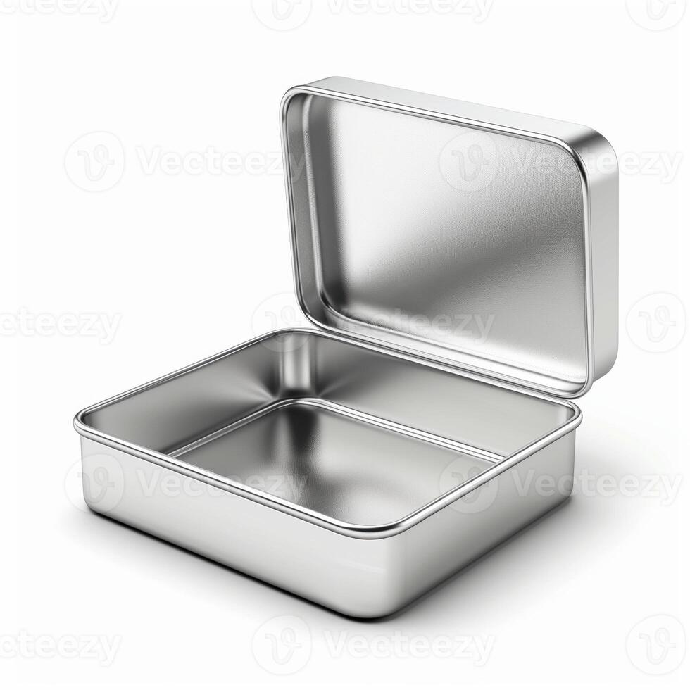 Rectangular tin box with an open lid. Metal box for various purposes. Isolate on a white back photo