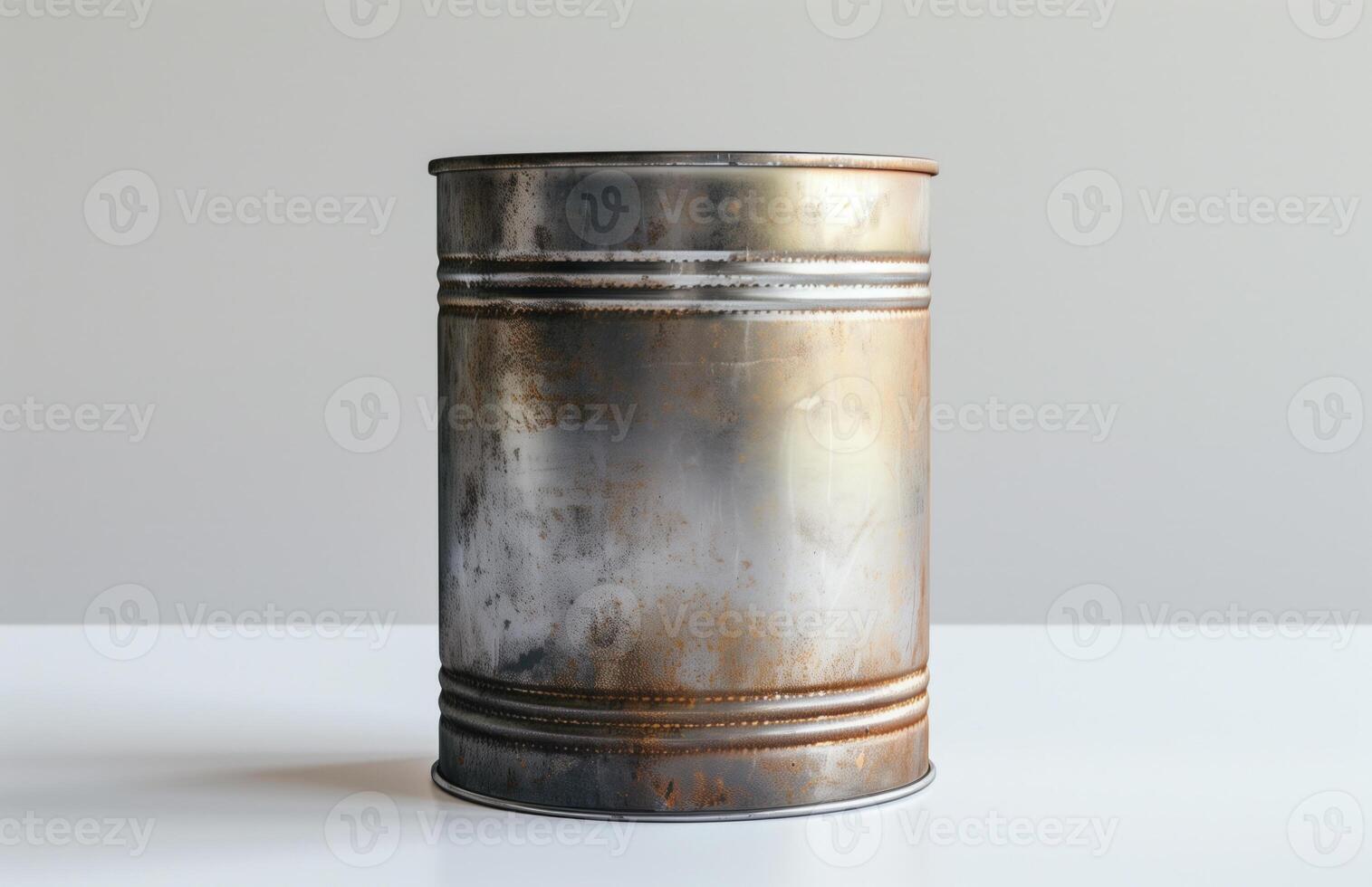 Rusty tin can. Metal container for long-term storage of food products. Light back photo