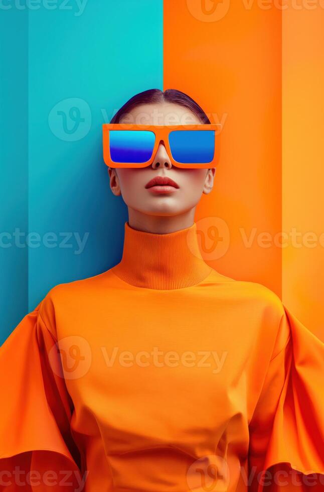 Stylish portrait of a young woman in multi-colored large glasses. Fashion photo of a girl. Light uniform back.