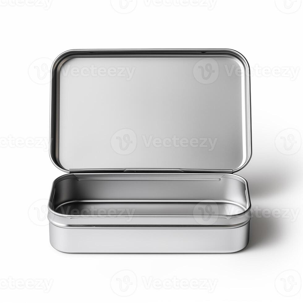 Rectangular tin box with an open lid. Metal box for various purposes. Isolate on a white back photo
