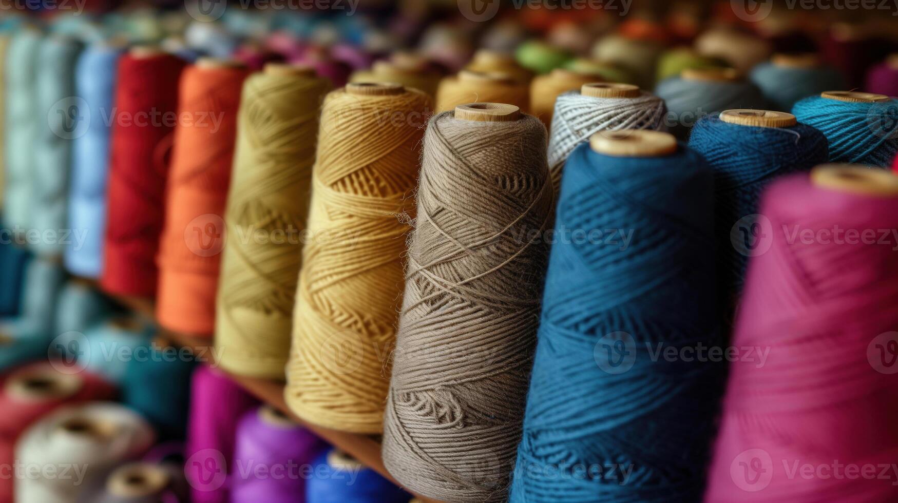 Multicolored yarn spools used in textile industry. Set of colored threads for sewing on coils. Pile of big colorful spools of thread. Colored thread spools of thread large class, textiles, back photo