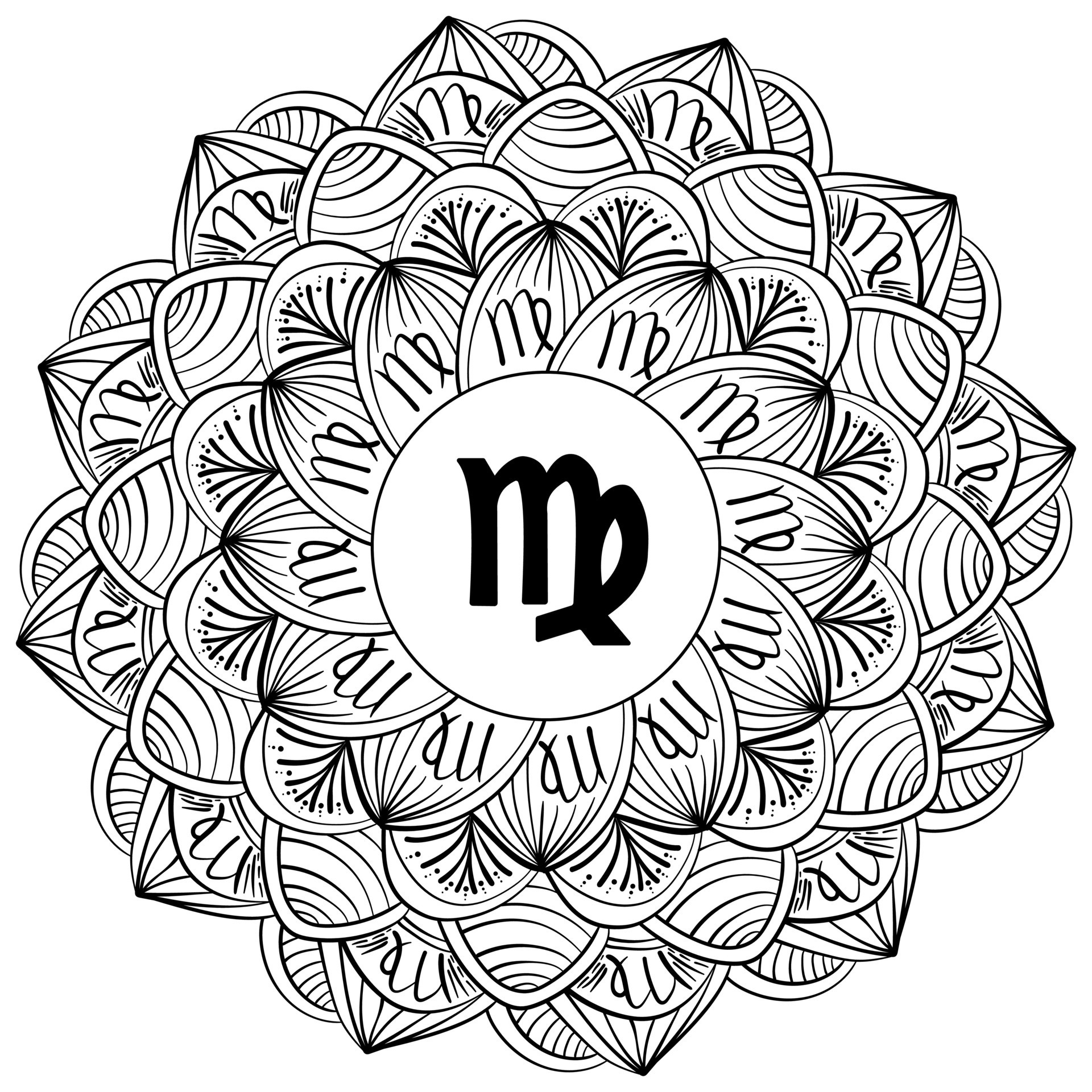 Zodiac mandala Virgo, fantasy coloring page with astrological sign and