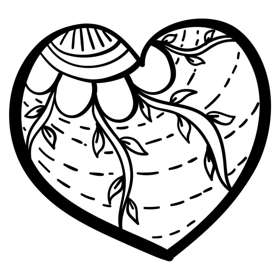 Outline heart with fantasy patterns, coloring page with flower and vines vector