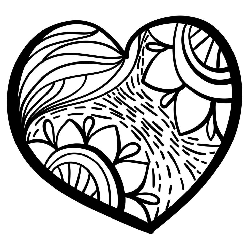 Outline heart with fantasy patterns, coloring page with fantasy sunflowers and waves vector