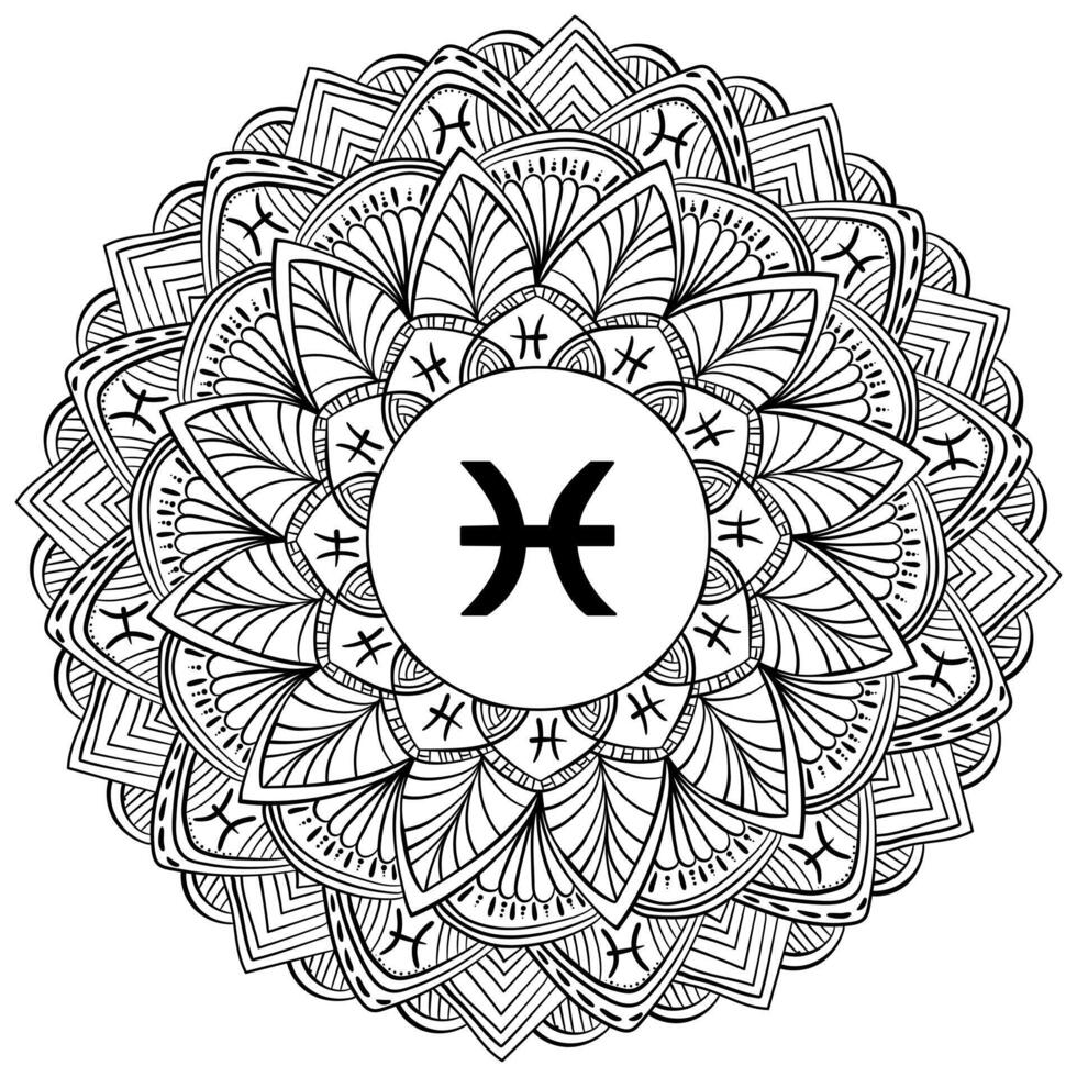 Zodiac mandala Pisces, fantasy coloring page with astrological sign and meditative waves vector