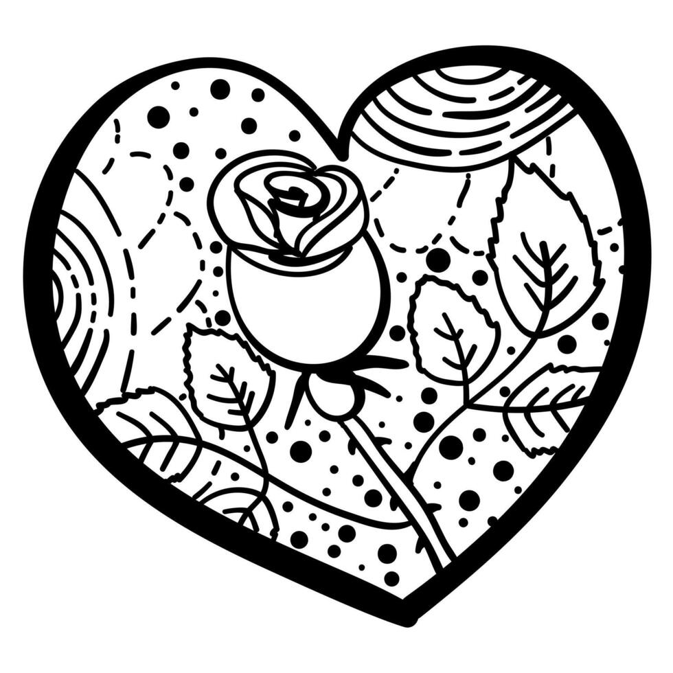 Outline heart with fantasy patterns, coloring page with rose and swirls vector