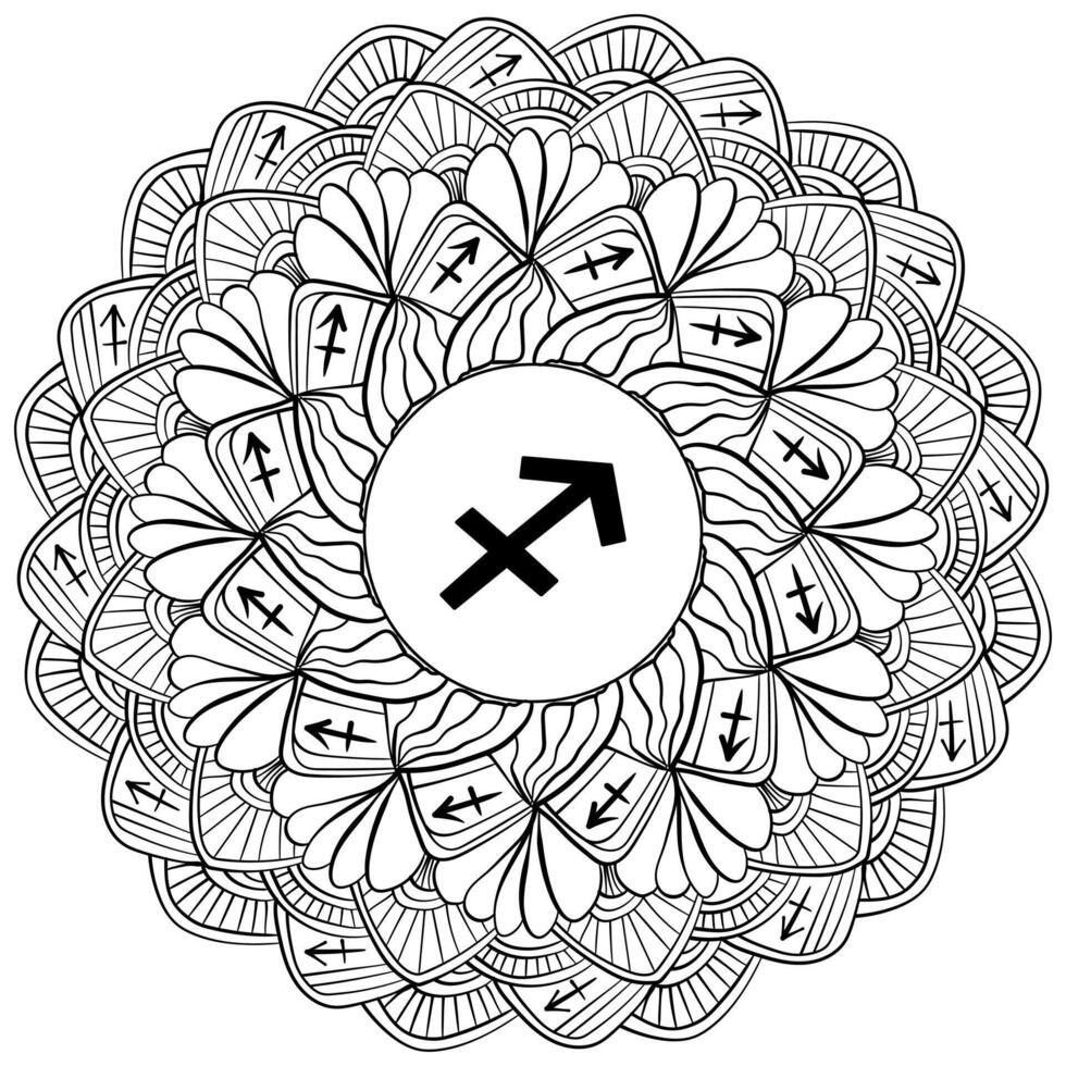 Zodiac mandala Sagittarius, fantasy coloring page with astrological sign and meditative doodles vector