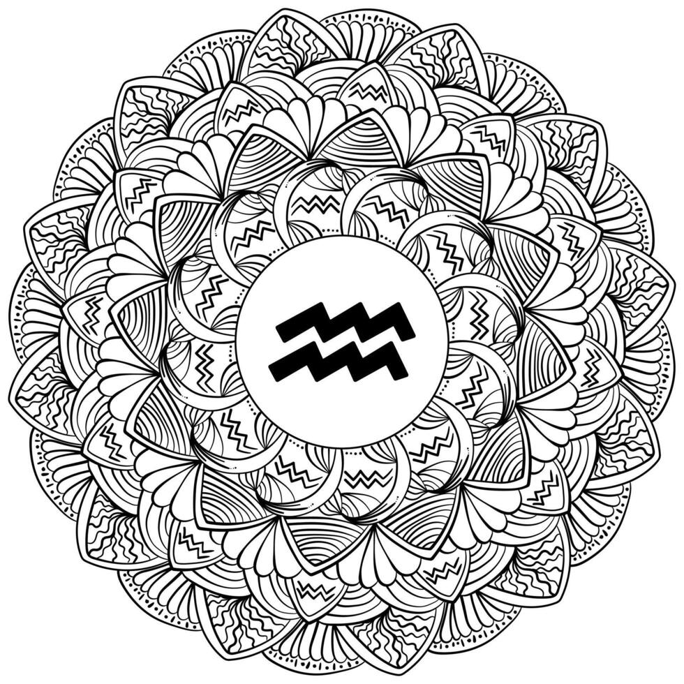 Zodiac mandala Aquarius, fantasy coloring page with astrological sign and meditative abstractions vector