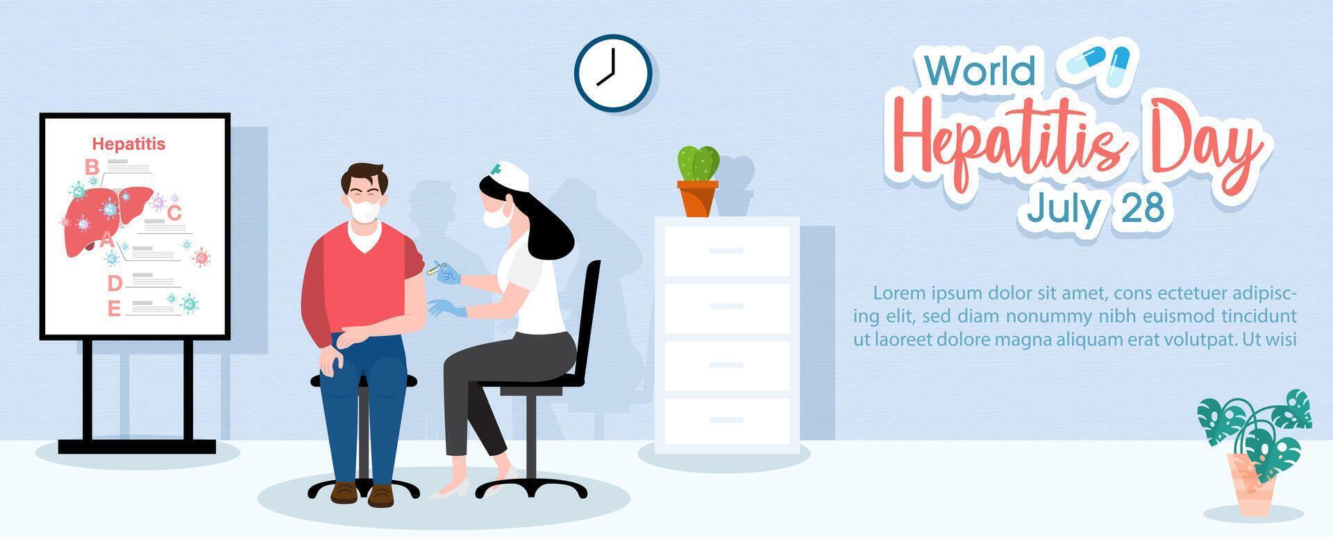 Doctor and patient in cartoon character in hepatitis's clinic with wording of event and example texts on blue background. vector