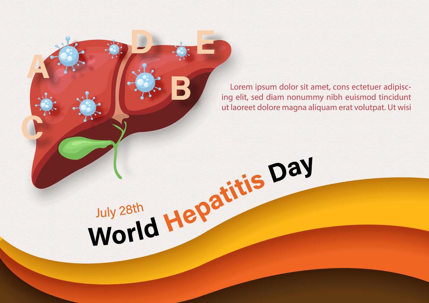 Symbol of Hepatitis's virus on the human liver with wording of World Hepatitis's Day, example texts on colors bar of campaign and cream color background. vector