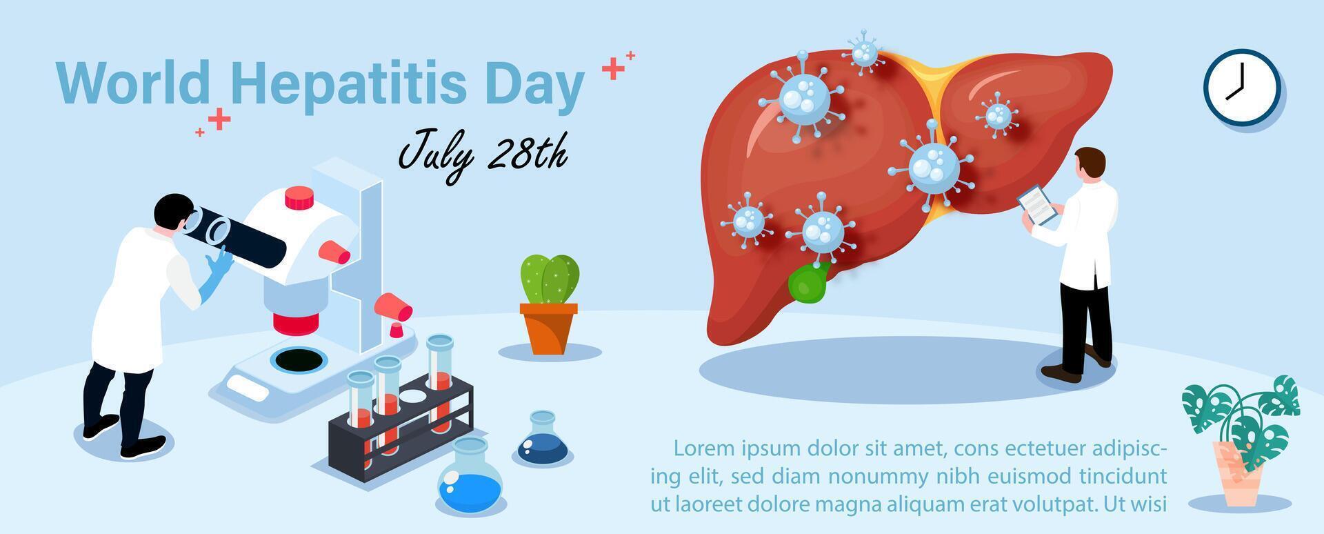 Concept of hepatitis A, B, C, D, and world hepatitis day campaign's poster with doctors treat the liver in banner vector