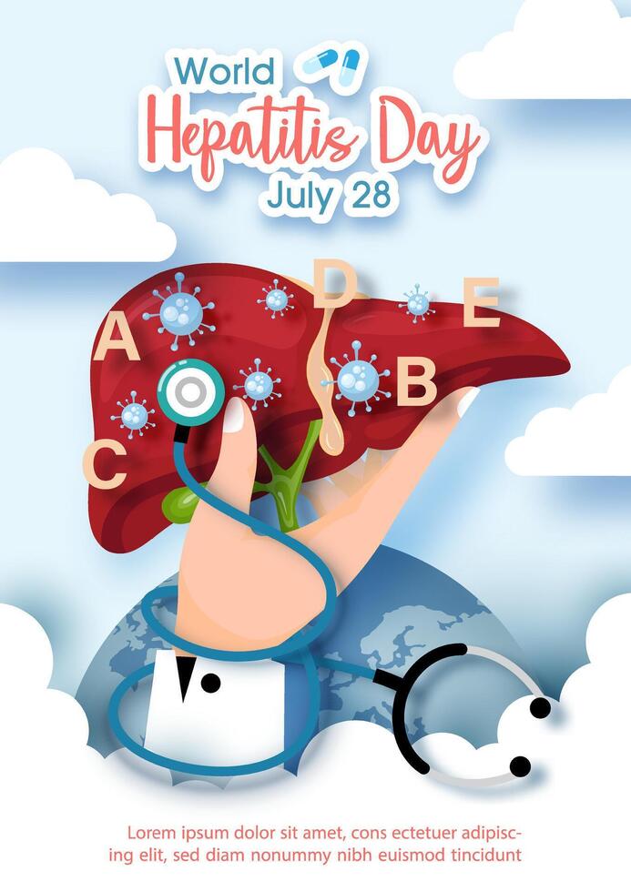 Concept of hepatitis A, B, C, D, and world hepatitis day campaign's poster with human liver and symbols of virus on hand of doctor in paper cut style vector