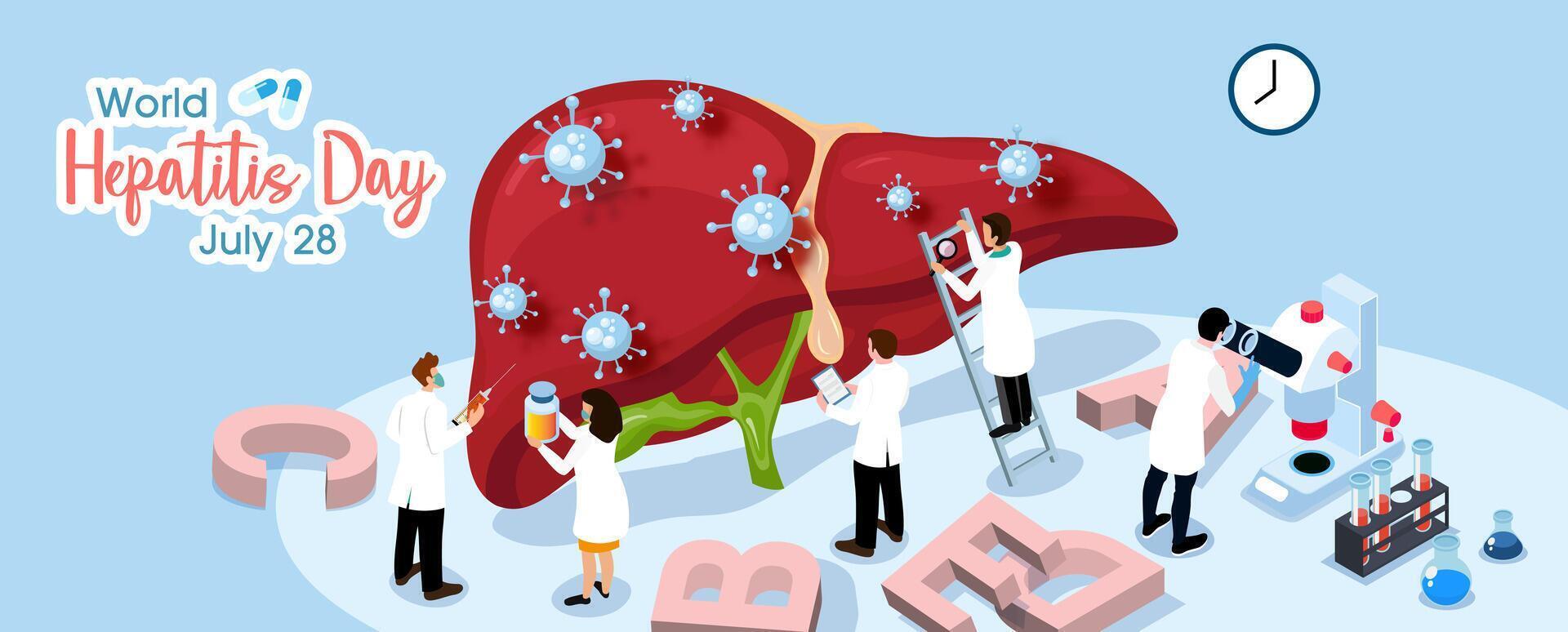 Concept of hepatitis A, B, C, D, and world hepatitis day campaign's poster with group of doctors treat the liver in banner vector