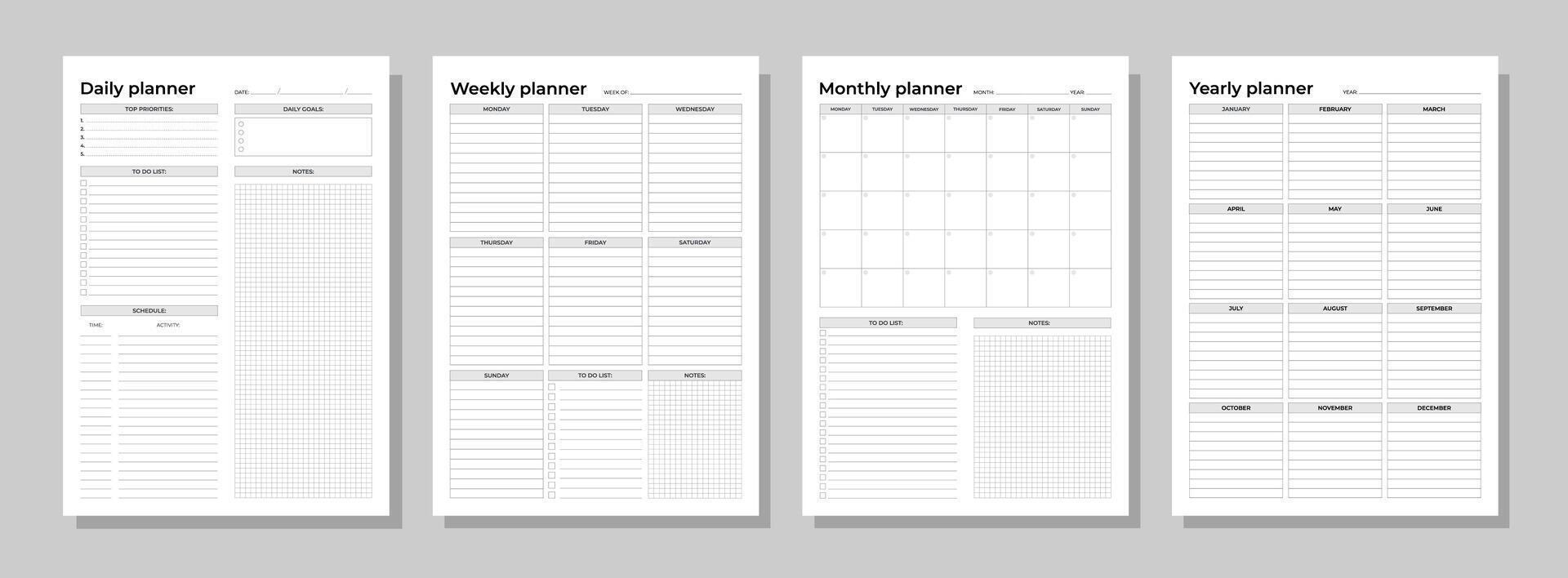Planners set. Daily, weekly, monthly, yearly. Blank white notebook page A4. vector