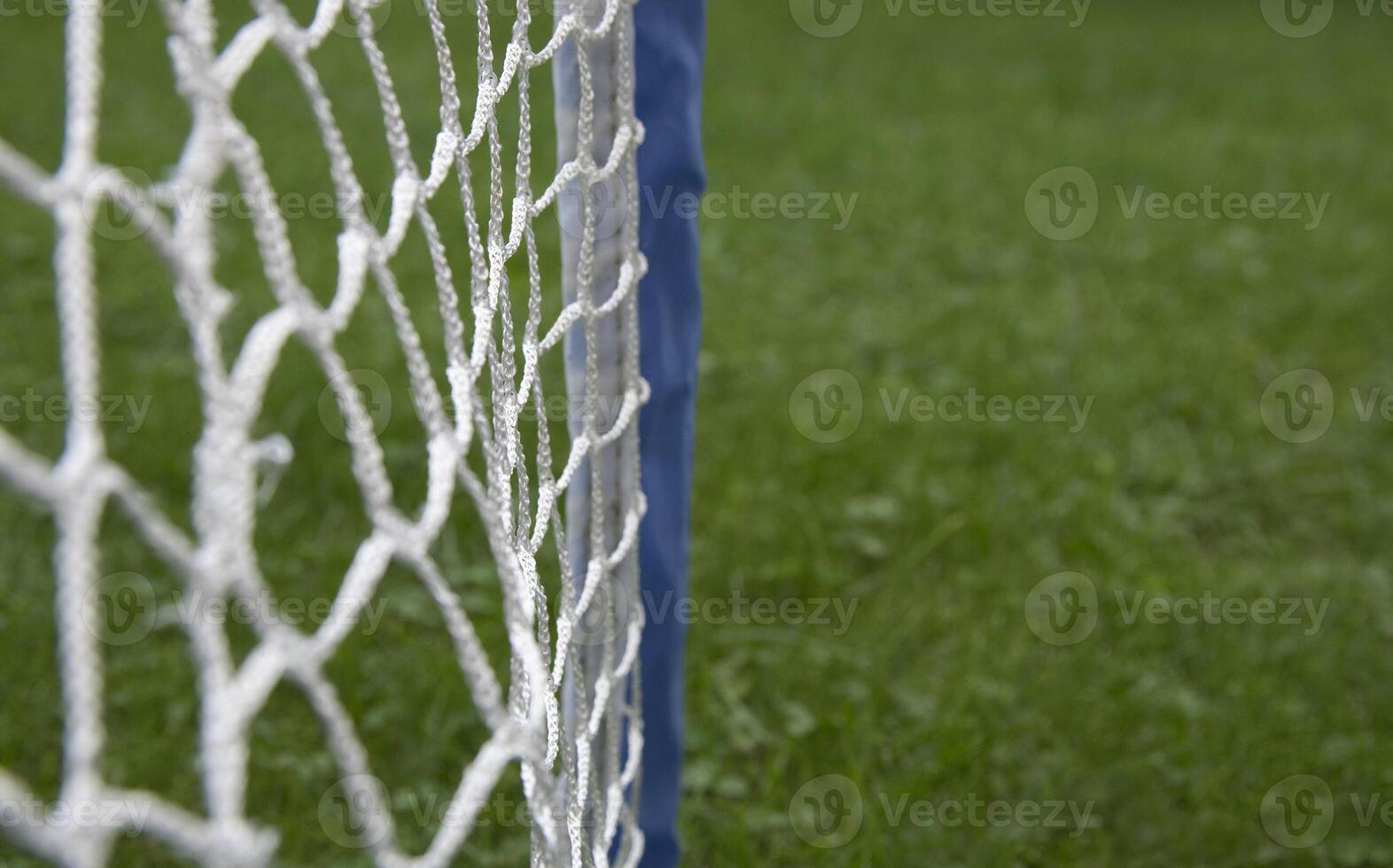 Small gates for playing football for children. Blue frame. On grass background. Copy space photo
