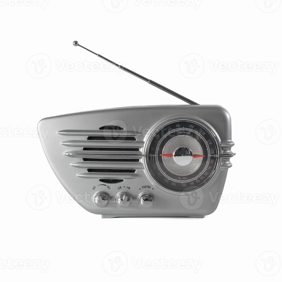 Retro radio silver chrome with antenna on white background. Square format photo