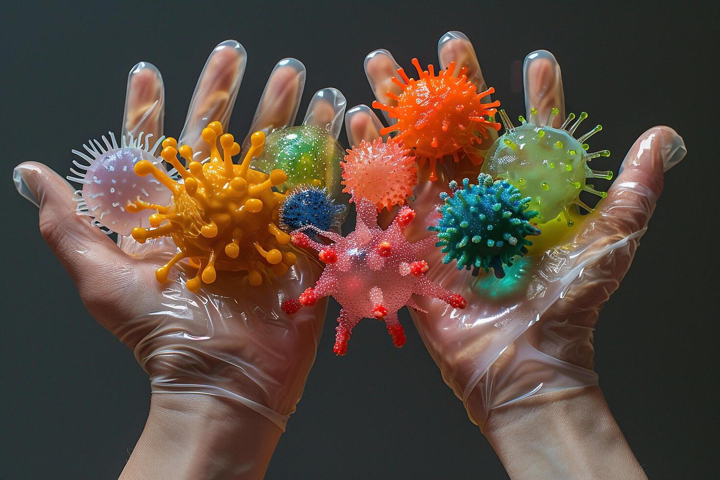 Abstract image of a human hands covered with germs, bacteria and viruses. Generated by artificial intelligence photo